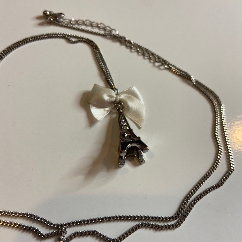 Eiffel Tower Bow Long Silver Necklace